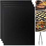 4 Protectores de Horno, 40 x 33 cm Lámina para Hornear Permanente Antiadherente y Recortable, Alfombrilla Protectora del Fondo del Horno Reutilizable,con Pinzas de Barbacoa