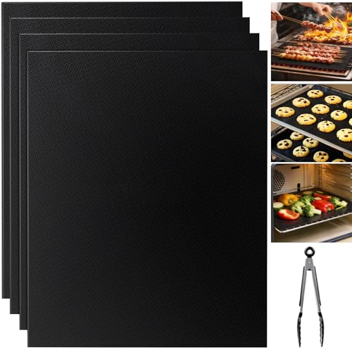 4 Tapis de Four Réutilisables, 40 x 33 cm Feuille de Cuisson Permanente Anti-adhésive et Découpable, Protection pour Fond de Four, Tapis pour Grill à Gaz ou...