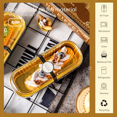 Image of NPLUX Loaf Pans with Lids, 100 Pack Black Gold 6.8oz for Bakery Gifts | Use for tasting samples, dessert bars, fruit cups and brownies; clear top helps buyers see the finished look.