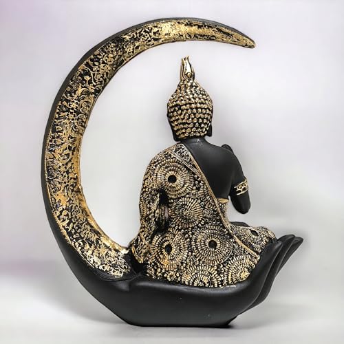 Image of Antique Big Meditating Moon Buddha Statue Showpiece for Home Decor - Living Room - House Warming - Office - Gifting - Buddha Idol Polyresin Decorative Figurine (9 Inch / 23 cm, Black, Gold)