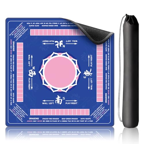 LZSIG Blue Chinoiserie Mahjong Mat for Table with Rules, 33×33 Inches