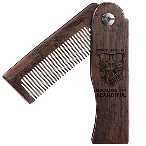 BeardBullet Beard Comb for Men, Engraved Folding Comb Gifts for Men Pocket Beard & Hair Wooden Combs Unique Valentines Birthday Gifts for Dad Son Husband Grandpa, I'm Beardiful, Bearded Men Gifts