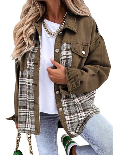 SHEWIN Fall Outfits for Women 2025 Long Sleeve Oversized Plaid Jean Jacket Early Fall Fashion Soft...
