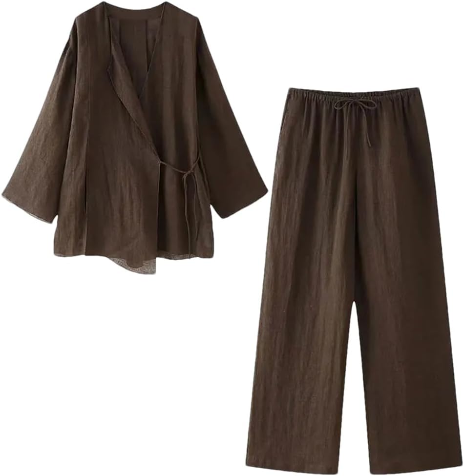 Women's V-Neck Linen Lace-Up Set Solid Color Casual Loose Plus-Size Simple Two-Piece Set