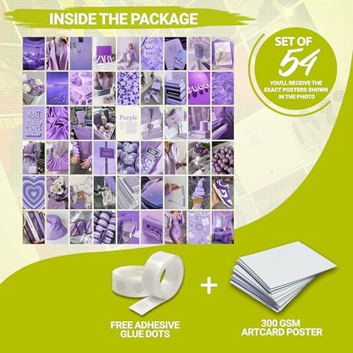 Image of MODERN GALLERY MART Pack of 54 Purple Aesthetic Wall Collage Kit Posters - 4 x 6 Inches Posters for Wall Decoration - Wall Art For Bedroom, Office, Living room, Dorm room - Glue Dots Included