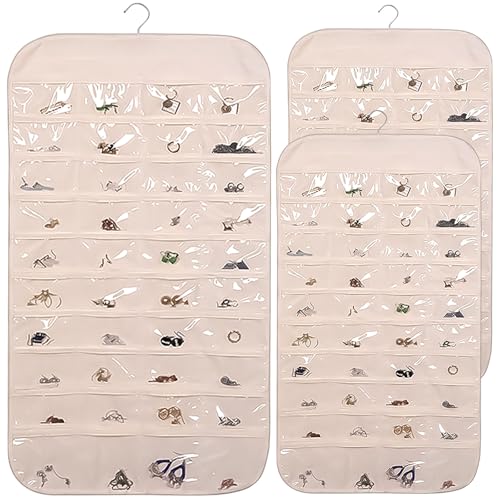KTZCTPCA 3 Pcs Hanging Jewelry Organizer Double Sided Necklace Storage Holder with 80 Clear Pockets Portable Hanging Necklace Holder Jewelry Bag for Earrings Bracelet 85x43cm(Beige,3)