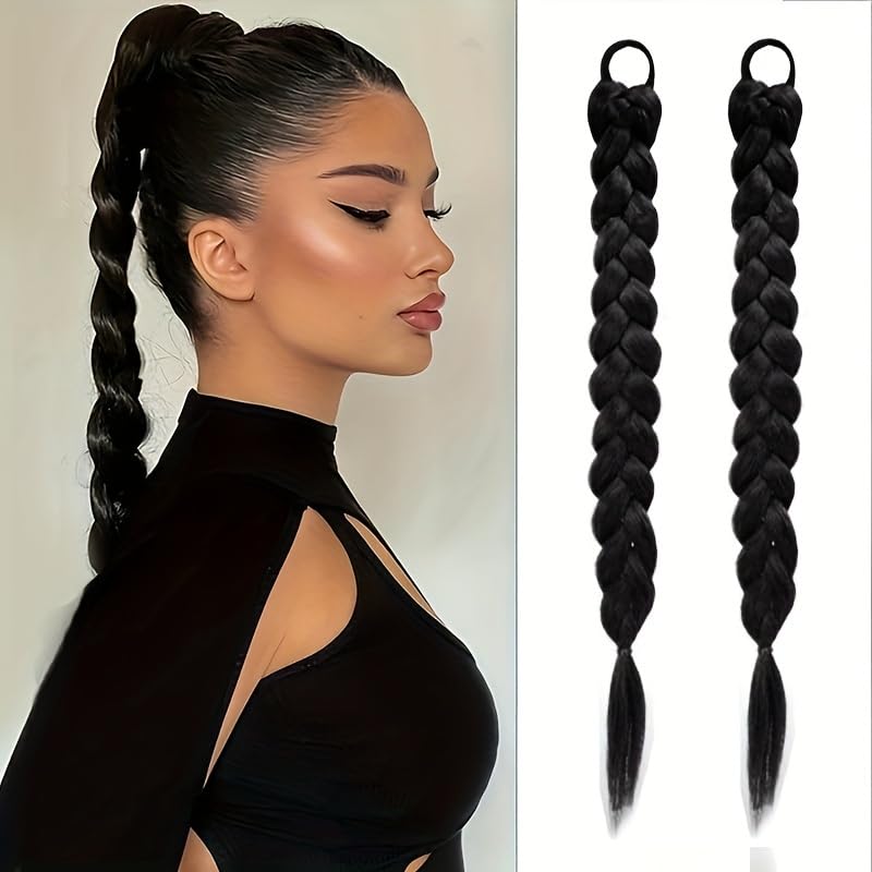 Image of 24 inch Heat Resistant Clip In Synthetic Straight Hair Extensions - Synthetic Hair Extension /Ponytail Long Braided Ponytail With Elastic Hair Ties Synthetic Hair Extensions (Style 5)