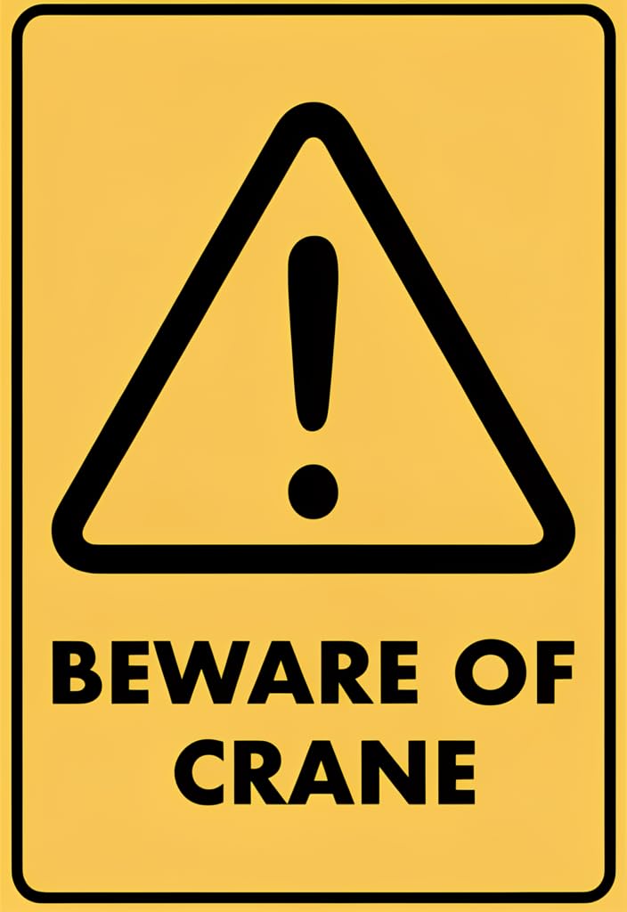 peiyeety Beware of Crane Tin Metal Sign 12x8 Inch, Yellow Warning Safety Plaque with Exclamation Triangle, Vintage Industrial Wall Decor for Garage Workshop Construction Site, Gift Idea