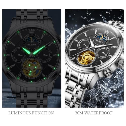 Image of OLEVS Men Automatic Skeleton Watch - Luxury Stainless Steel Calendar Moon Phase Mechanical Dress Wrist Watch with Luminous, Waterproof Self-Wind (Gold /Silver /Blue /Black)