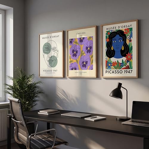 Image of NoWorries Modern Abstract Wall Art Frame | London Chelsea Floral Print & Picasso' Inspired Wall Art Paintings 300 GSM Premium Prints | Stylish Home Decor for Living Room, Office & Bedroom | Synthetic Wooden Wall Art Frames (Set of-3) (NATURAL, ART-3, 13X19INCHES)