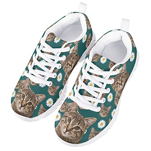 Floral Cat Print Cute Running Shoes for Little Girls Size 2 Kids Gym Dance School Lightweight Mesh Casual Daily Athletic Sneakers Girls Outdoor Indoor Fall Spring Green Walking Tennis Shoes3