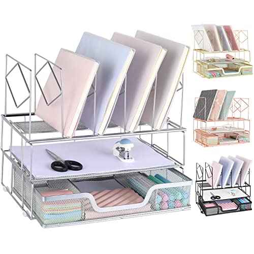 Image for Becomrock Desk Organizers and Accessories, Office Supplies Desktop Organizer, Desk File Organizer with Sliding Drawer, Dual Tray and 5 Upright Section