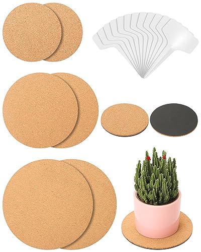 Whtawtaw 6 Pcs Cork Plant Mats Plant Coasters, 3 Sizes 4/6/8 inch Round Plate Pad Cork Mat with 12 Pcs Tags for Indoor and Garden Potted Plants, DIY Craft Projects (Nude & Black)
