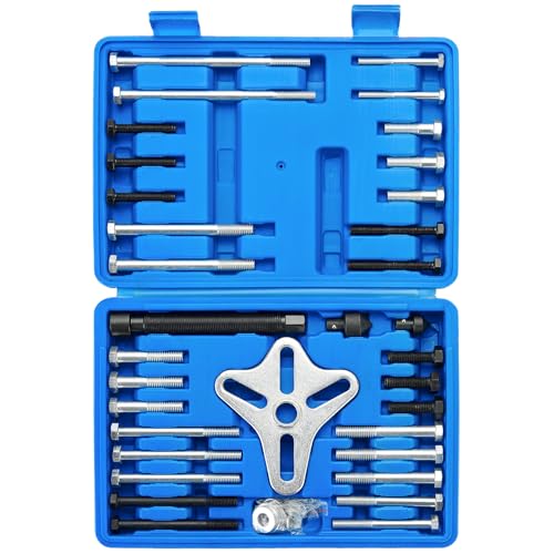 NYXOVA 46pcs Harmonic Balancer Puller Set Steering Wheel Flywheel Crankshaft Pulley Puller kit with Harmonic Balancers Crankshaft Pulleys and Gears Work on Most Cars Pickups SUVs (Blue)