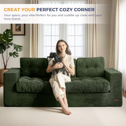 Image of MAXYOYO Loveseat Sofa Couch, Upholstered Bean Bag Chair Cloud Seat for Adults, Boneless Couch with Cushion & Pillows, Sofa in A Box, No Assembly Required, Corded Dark Green, 3-Seat