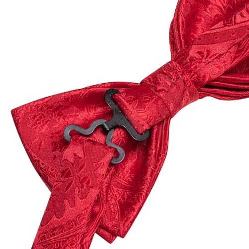 Image of Hi-Tie Bow Tie Men Pre Tied Bowtie Pocket Square Cufflinks Lapel Pin Formal Wedding Bow Ties for Men Party Tuxedo Bowtie Set,Red Paisley Floral