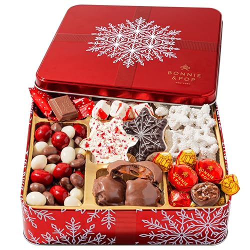 Bonnie and Pop's Holiday Tin- with Assorted Christmas Chocolate, Nuts,