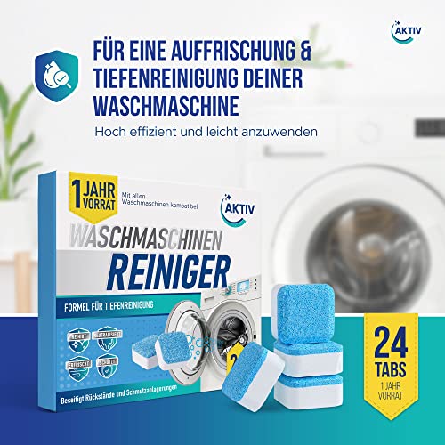 Aktiv 24x Waschmaschinenreiniger Tabs extra stark gegen Geruch & Kalk - Waschmaschinen Reiniger mit Formel für Tiefenreinigung - Waschmaschine Hygiene Reinigung 1 Jahres Vorrat