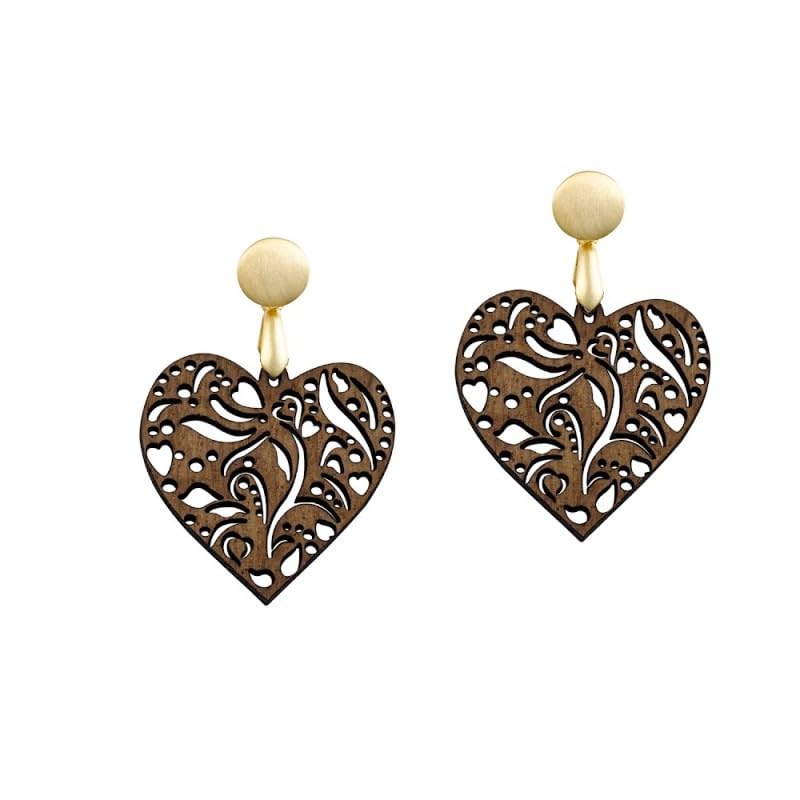 Boucles d'oreilles Coeur de Fleur Waidzeit O12W, le cadeau idéal en bois de noyer et or