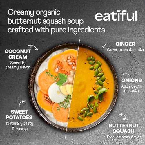 Image of EATIFUL Butternut Squash Soup, Ready To Eat Creamy Pumpkin Soup With Sweet Potatoes, Made With Organic Vegetables, Plant Based, No Added Preservatives, Gluten Free, NON GMO, 14.1 Ounce (Pack of 2)
