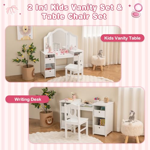 Image of INFANS Kids Vanity, 2 in 1 Princess Makeup Desk & Chair Set with Tri-Folding Detachable Mirror, Large Storage Shelves, Wooden Pretend Play Dressing Table for Girls (Cream White)