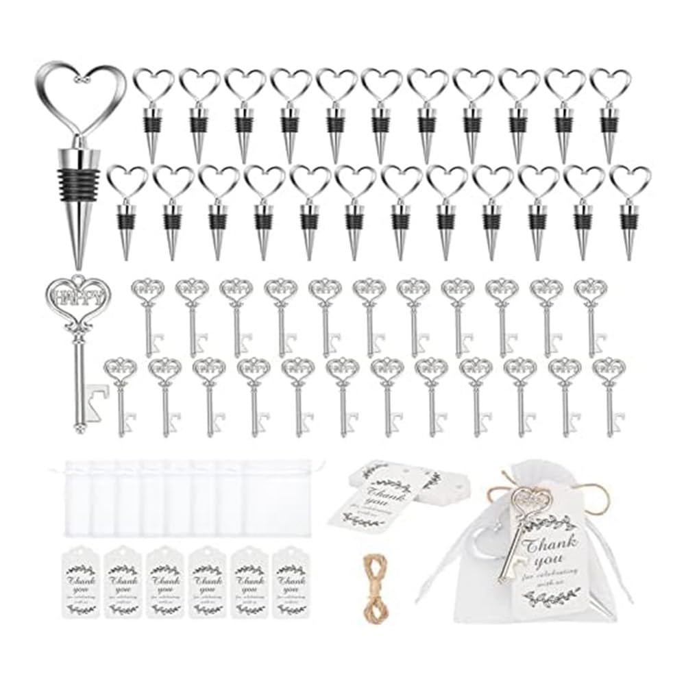 Elqater 24 Pieces Key Bottle Opener and 24 Pieces Wine Cork Set Wedding Favours Wedding Table Decoration