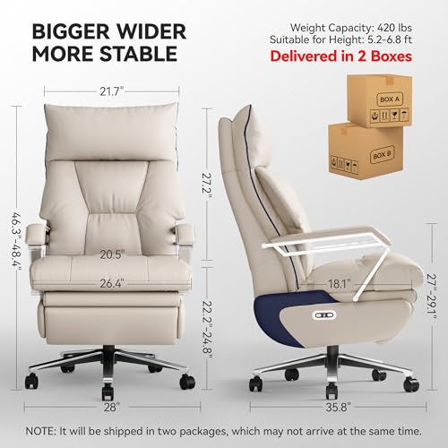 M80 Dual Motor Electric Executive Office Chair with Foot Rest, Comfortable Reclining Office Chair Wide Seat, Big and Tall Ergonomic Leather Home Office Desk Chair 420lbs (Beige)