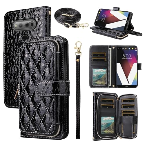 Furiet Argyle Wallet Case for LG V20 with Crossbody/Wrist Strap Lanyard Luxury PU Leather Kickstand Zipper Purse Shockproof Card Holder Cell Phone Cover for LGV20 LG20 V 20 ThinQ Women Men Black