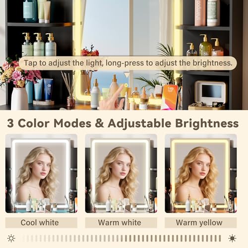Image of YESHOMY 35.4 Inch Vanity Desk Set with LED Mirror and Lights, Classic Black | Makeup Vanity Set with 2 Drawers, Side Shelves, Storage Bench, Open Shelves and 3 Color Lighting Modes
