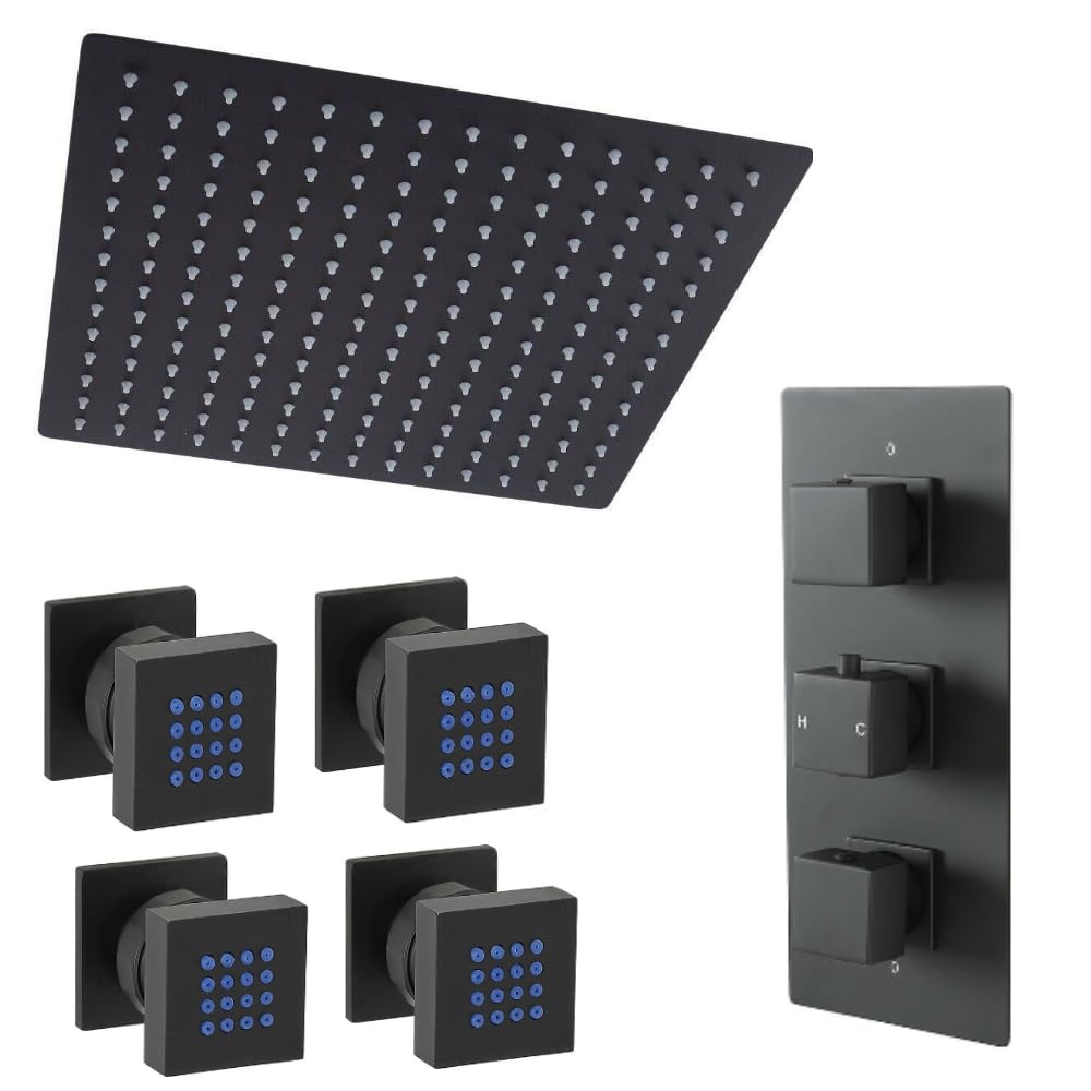Milano Black Preto Thermostatic Mixer Valve 400Mm Square Recessed Rainfall Shower Head Body Jets