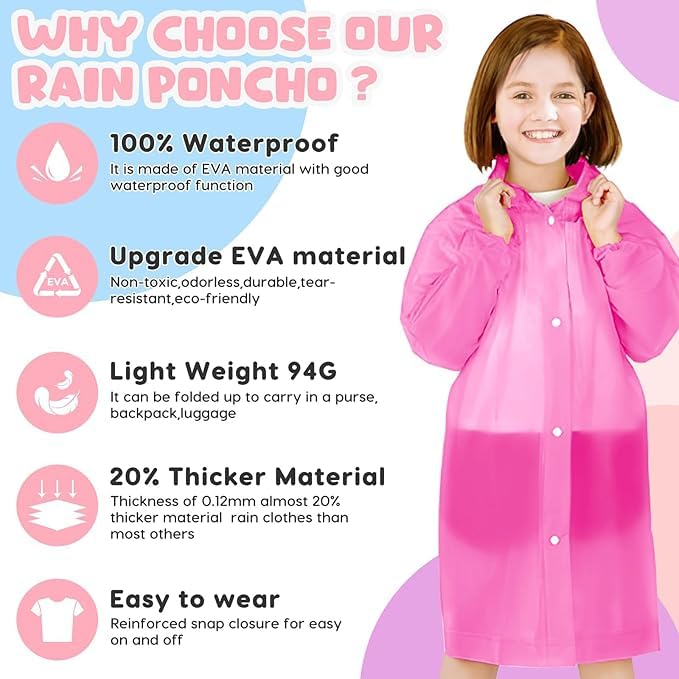 Image of BFONS 2-3 Pack Rain Ponchos for Kids, Reusable Raincoats for Boys Girls with Hood and Sleeves, Waterproof Rain Jackets