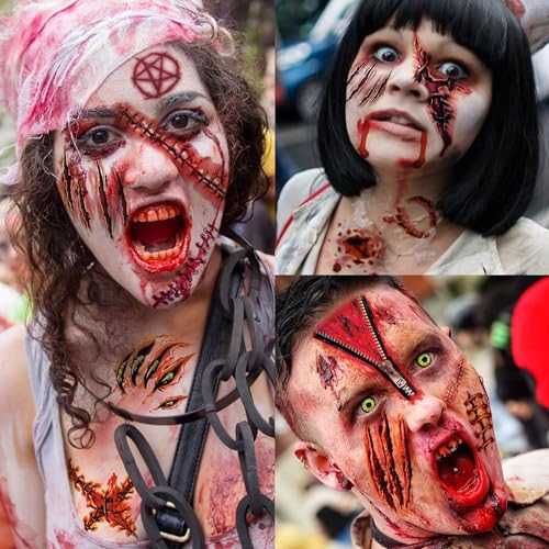 JOEHAPY 435+ PCS 50 Sheets Halloween Fake Scar Tattoos Sticker, 3D Chucky Stitches Tattoo For Women Men Adult Kids Boys Girls, Fake Blood Wound Cut Zombie Tattoos Halloween Face Makeup Kit Set Decals