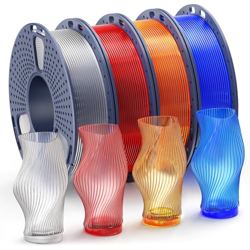 Image of SUNLU Clear PLA Filament 1.75mm Bundle, 3D Printer Filament Bundle Multicolor, Individually Vacuum Packed, 250g Spool, 4 Rolls, Transparent Series-Clear+Red+Orange+Blue
