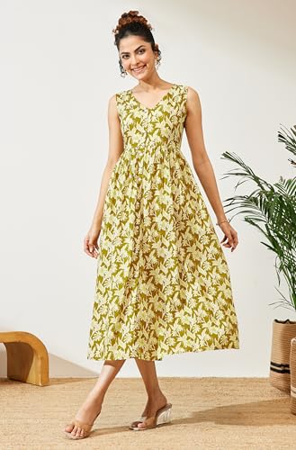 Image of Janasya Women's Olive Green Pure Cotton Floral Printed A-line Dress