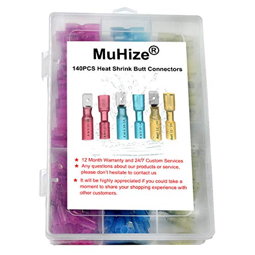 Muhize Heat Shrink Butt Connectors - 140Pcs Upgraded Insulated Waterproof Electrical Crimp Wire Terminal Kit(2023 New), Spade Butt Splices Kit For Automotive, Boat, Truck, Stereo(3Colors/6Sizes) #TOP7