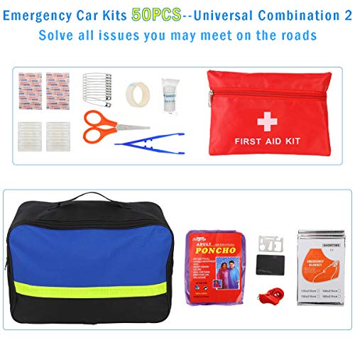 Manfiter Car Emergency Kit with Jumper Cables-19.68 ft,Roadside Emergency Car Kit First Aid Kit,Tow Rope,Reflective Warning Triangle,8-in-1 Screwdriver,Tire Pressure Gauge, Window Breaker,79 Pieces