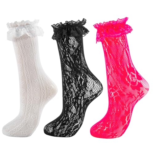 Image of Women Lace Ruffle Socks White Black Frilly Lolita Crew Dress Socks | Womens Ankle Lacy Ruffled Socks Adult Cute Soft Cotton Thin Sexy Mesh Lace Trim 80s Casual Church Socks for Ladies Big Girls