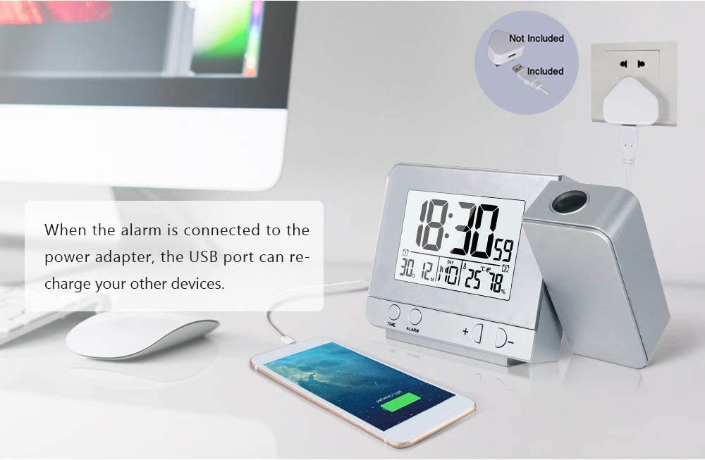 Reloj con Proyector con Doble Alarmas, Reloj Digital con Carga USB, Función Snooze, Humedad y Temperatura Interior, 12/24 Horas, Fecha