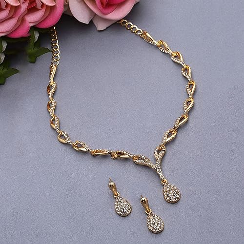 Image of ZENEME Oxidised Silver-Plated Cubic Zirconia Studded Teardrop Shaped Necklace With Earrings Jewellery Set For Girls and Women