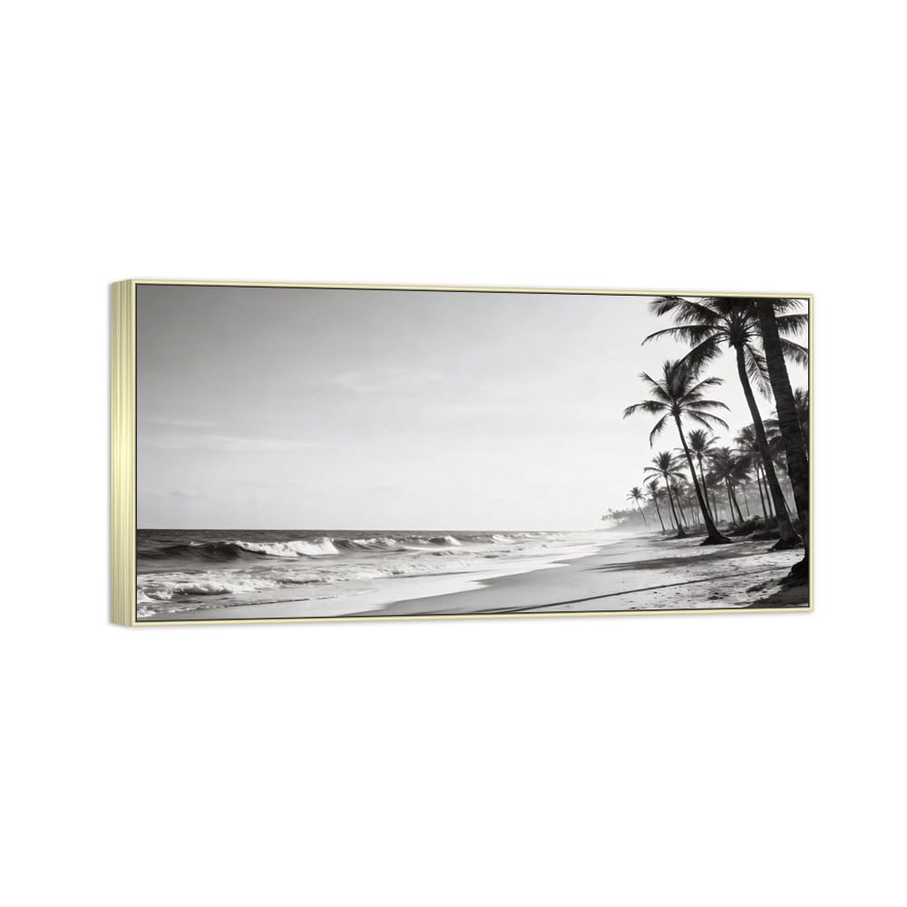 Sea Beach 3 Black White Landscape Canvas Picture 60x120cm Silver Frame