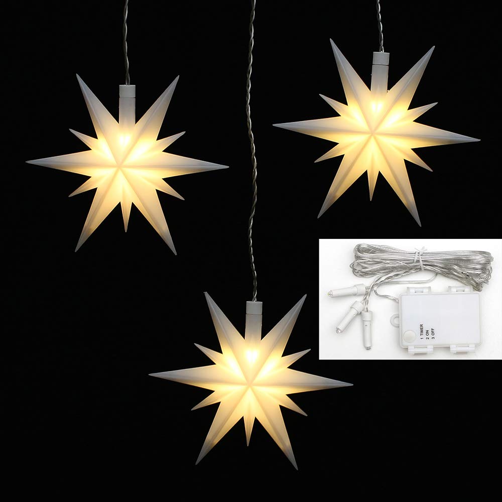 ***3er Set Weihnachtssterne aus Kunststoff in weiß, inkl. LED Beleuchtung und 6h Timer, für Batteriebetrieb, für Innen und Außen geeignet. Maße je Stern L/B/H: 13,5 x 5,5 x 12 cm.