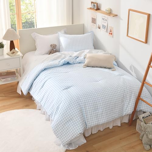 Image of Andency Light Blue Gingham Comforter Set Queen(90x90Inch), Checkered Grid Plaid Buffalo Bed Set for Girls Boys Kids Teens, 3 Pieces Lightweight Polyester Geometric Preppy Bedding