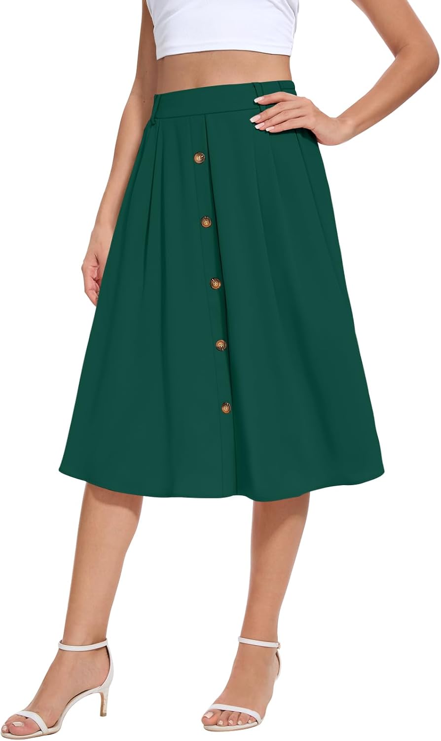 Yincro Women's Flowy Midi Skirt Summer Pleated High Waisted Casual Button Front Skirts with Pockets - Image 2