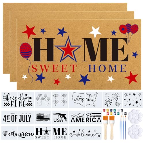 Chunful 3 Pack Patriotic Coir Doormat Craft Set Make Your Own Personalized 4th of July Doormat 17 x 30 Blank Door Mats with Stencils Painting Tools for Independence Day DIY Crafting Entry Mat