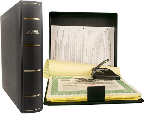 Kit corporativo con cierre incluye libro de registros, sello de empresa, certificados de stock impresos y numerados con talones de página completa,