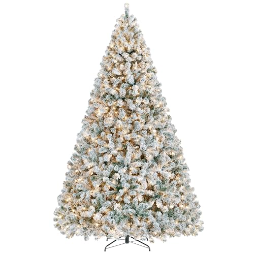 Yaheetech 9ft Pre-lit Artificial Christmas Tree with Incandescent Warm White Lights, Snow Flocked Full Prelighted Xmas Tree W/2084 Branch Tips, 900 Incandescent Lights & Foldable Stand, Green & White