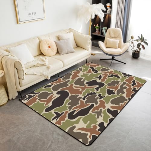 Feelyou Duck Hunter Green Camouflage Hunting Living Room Rugs Area Rug 3x5 Kids Black Brown Accent Rug for Boys Teens Camo Army Indoor Floor Mat Non-Slip Wild Decorative Rug
