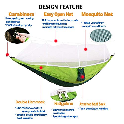 Image of DOLPHY Nylon Portable Camping Hammock with Mosquito Net for Hiking Travel Green & Perot