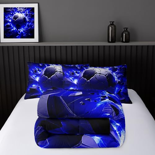 Image of Nttopship Soccer Bedding Comforter Set King Size for Kids Teens and Adults, Blue and Black Football Printed Bedding Sets 3 PCS,Ball Sports Themed Bedroom Decor with 1 Comforter and 2 Pillowcases
