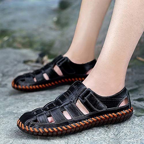 Qiucdzi Mens Sport Sandals Breathable Outdoor Fisherman Shoes Adjustable Closed Toe Summer Leather Loafters Black